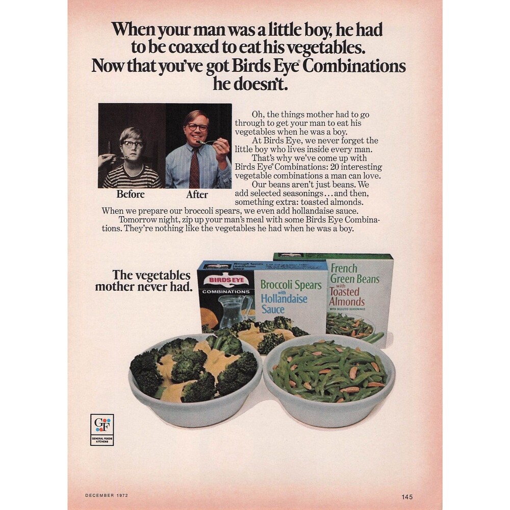 1972 Birds Eye Combinations Vintage decor Ad Broccoli Green Beans laughing Cow